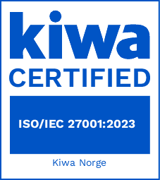 Kiwa sertifisert logo for ELMEC, viser ISO/IEC 27001:2023 standarden, som bekrefter selskapets informasjonssikkerhetsstyring.